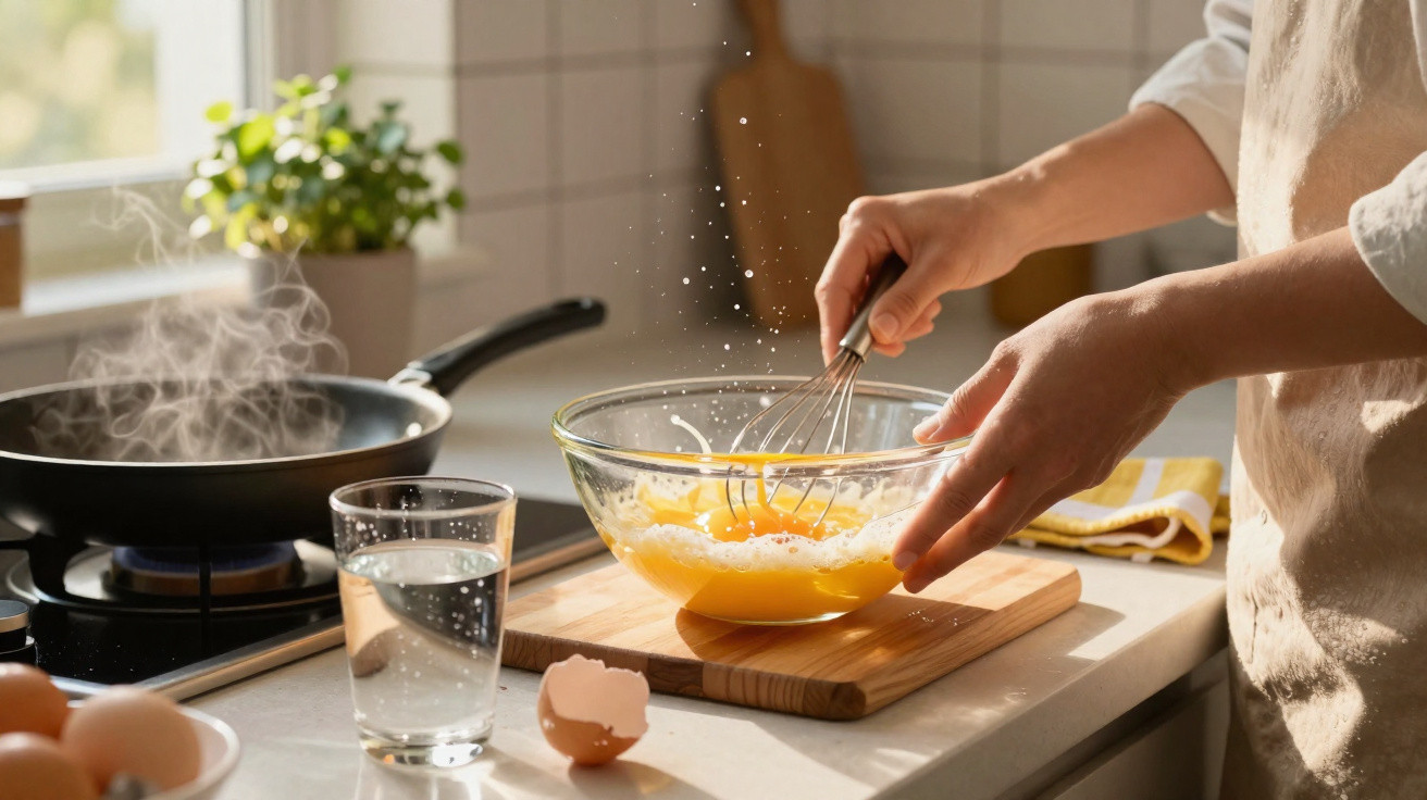 Mãos a bater ovos numa taça transparente numa cozinha iluminada com frigideira ao fundo a cozinhar.