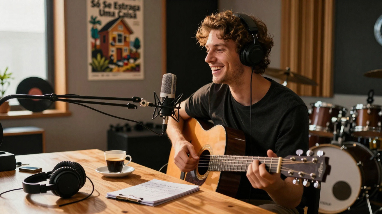 Homem a tocar guitarra e a cantar com auscultadores, microfone e café numa sala de música.