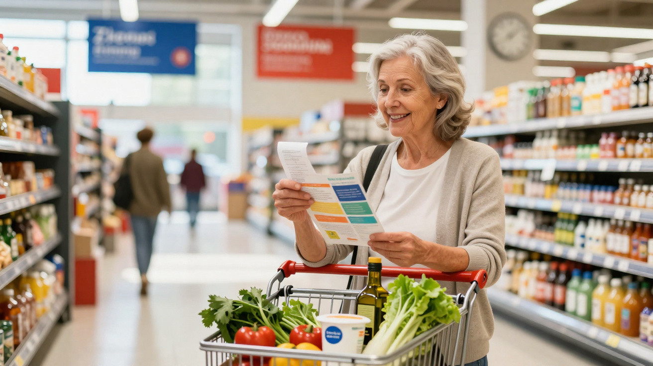 Mulher sénior a fazer compras no supermercado, com carrinho cheio de legumes e produtos, a ler uma lista.
