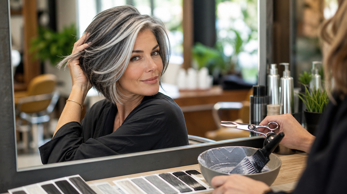 Mulher adulta com cabelo grisalho curto sentada num salão de beleza a olhar para o espelho.