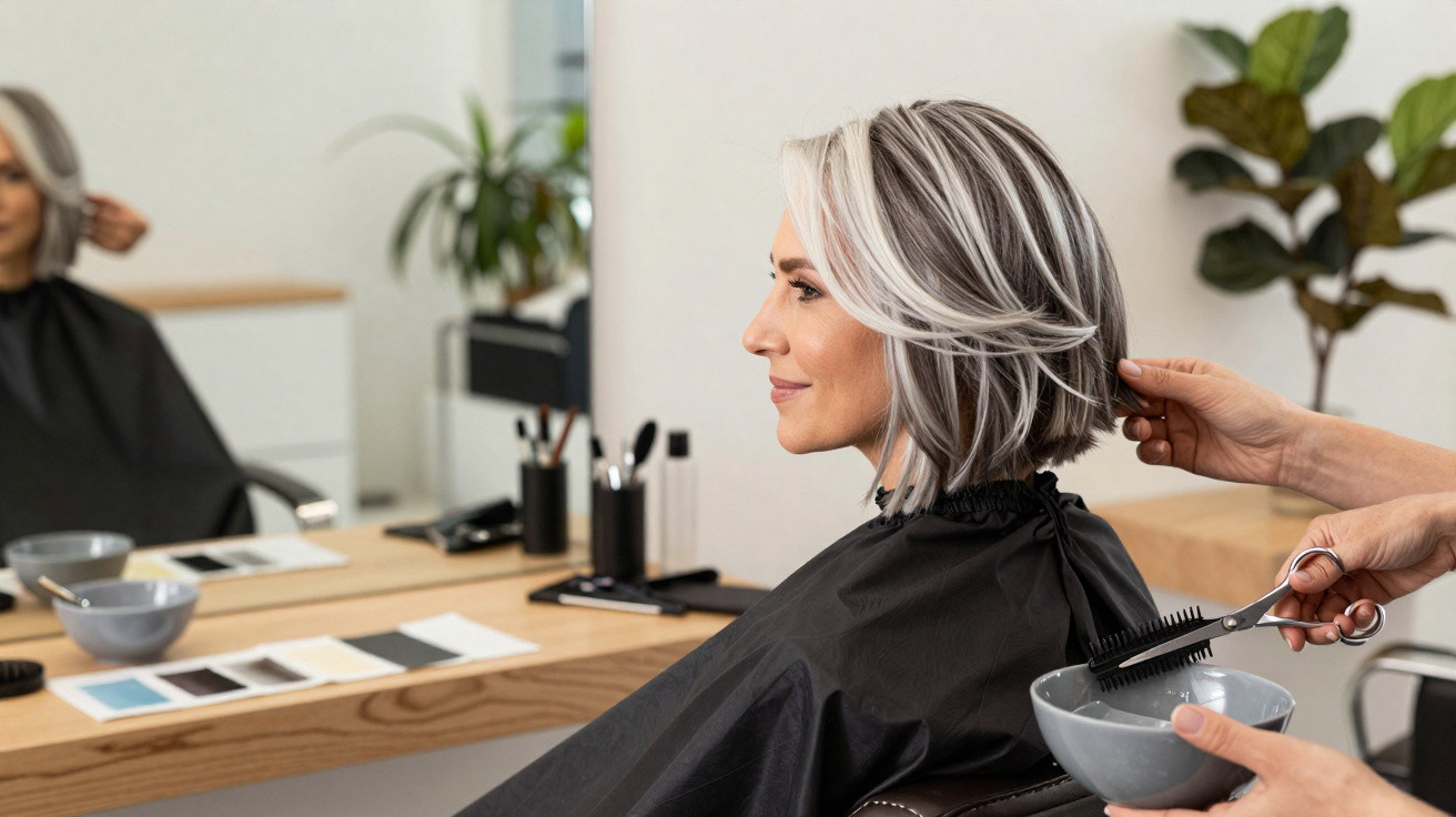 Mulher a cortar o cabelo num salão moderno, com cabelo curto e grisalho, olhando para o espelho.