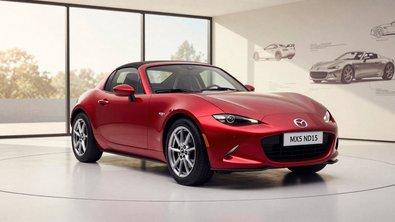 Carro desportivo vermelho Mazda MX-5 numa sala de exposição moderna com janelas amplas e desenhos na parede.