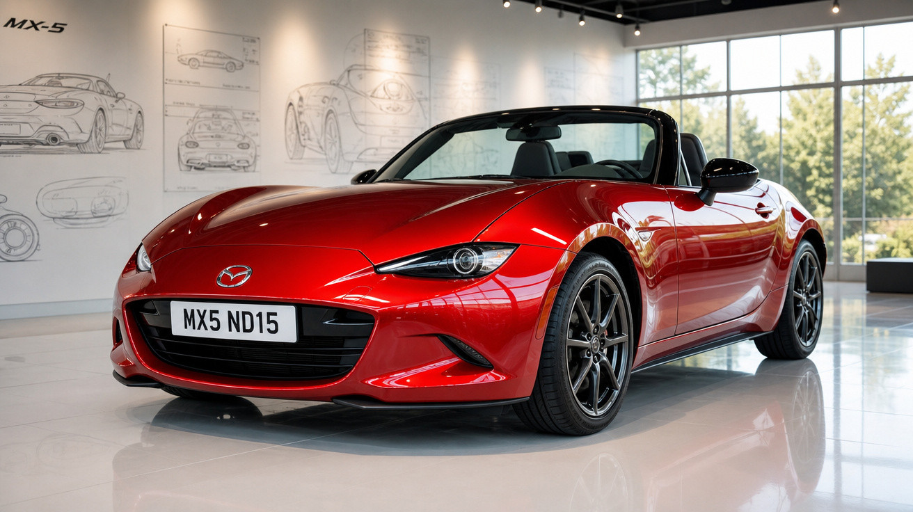 Carro desportivo conversível vermelho Mazda MX-5 exposto em ambiente interior com luz natural.