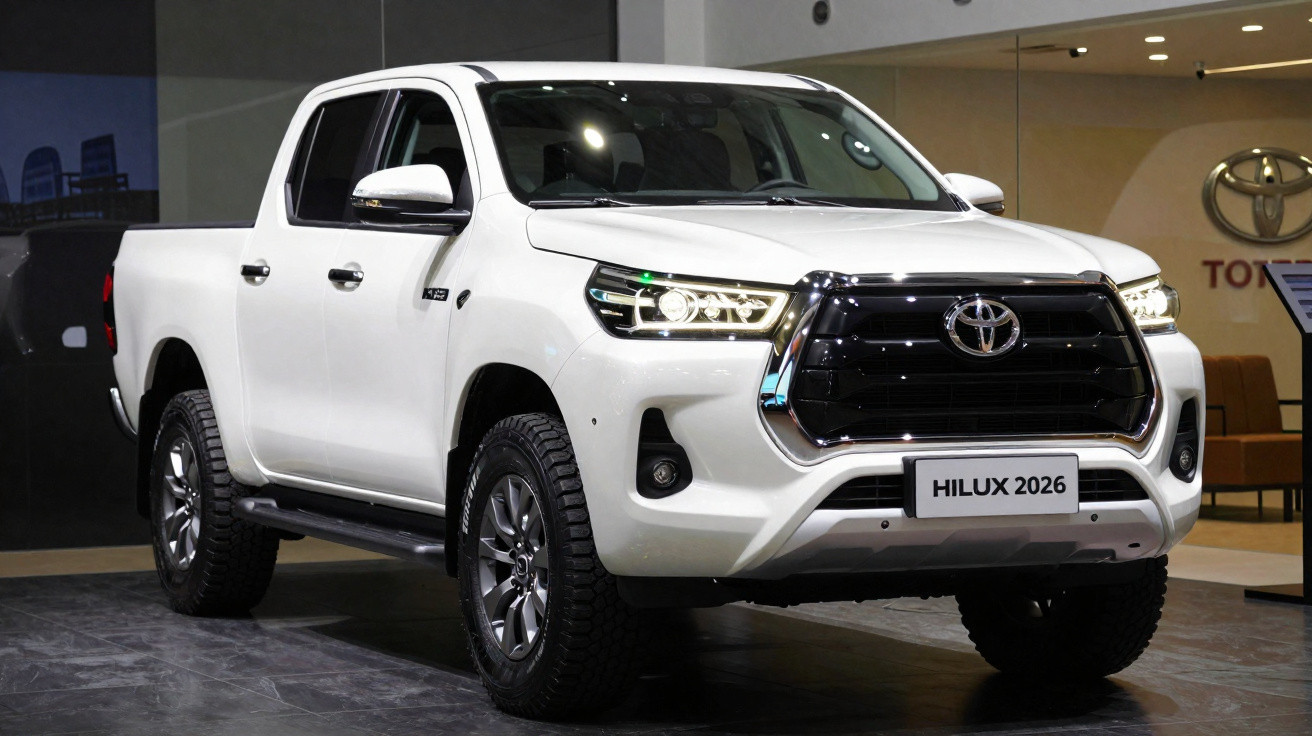 Pickup Toyota Hilux 2026 branca em exposição num salão automóvel interior.
