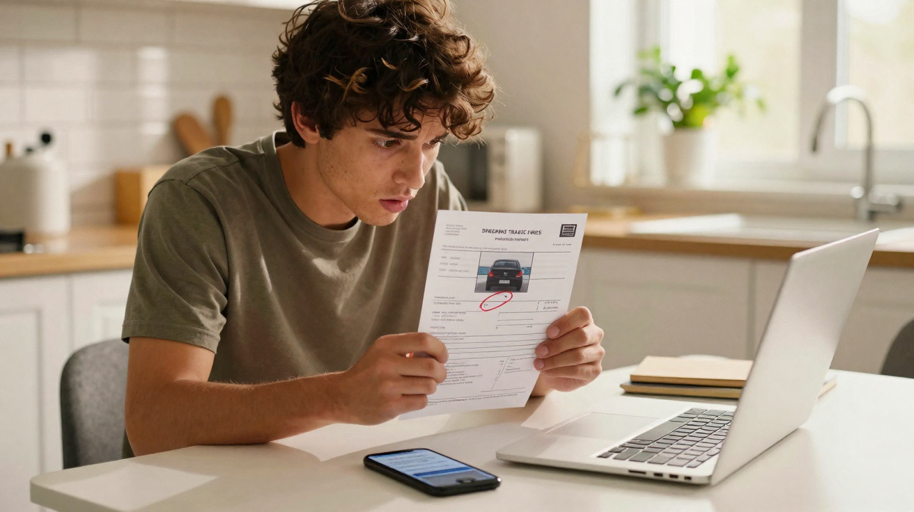 Jovem sentado a analisar uma carta com fotografia de um carro, junto a computador portátil e telemóvel na mesa da cozinha.