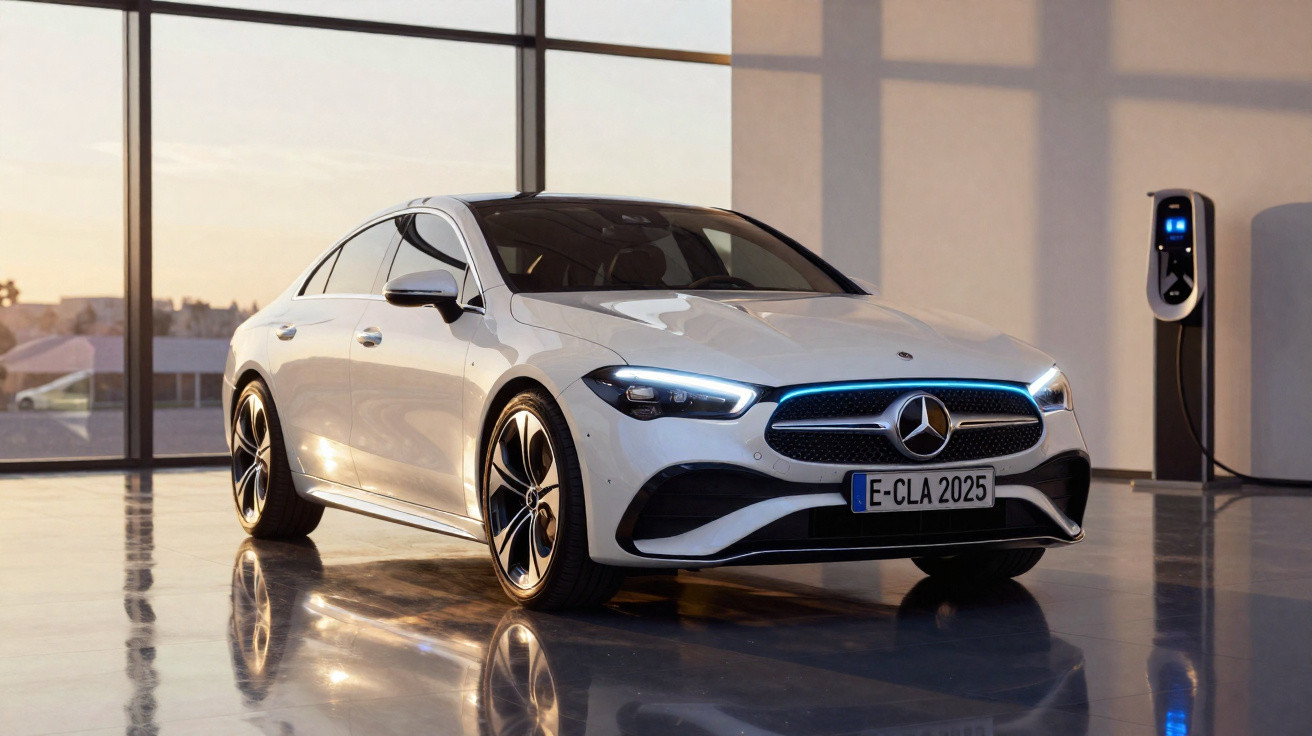Carro eléctrico branco Mercedes-Benz estacionado em espaço moderno, junto a estação de carregamento.
