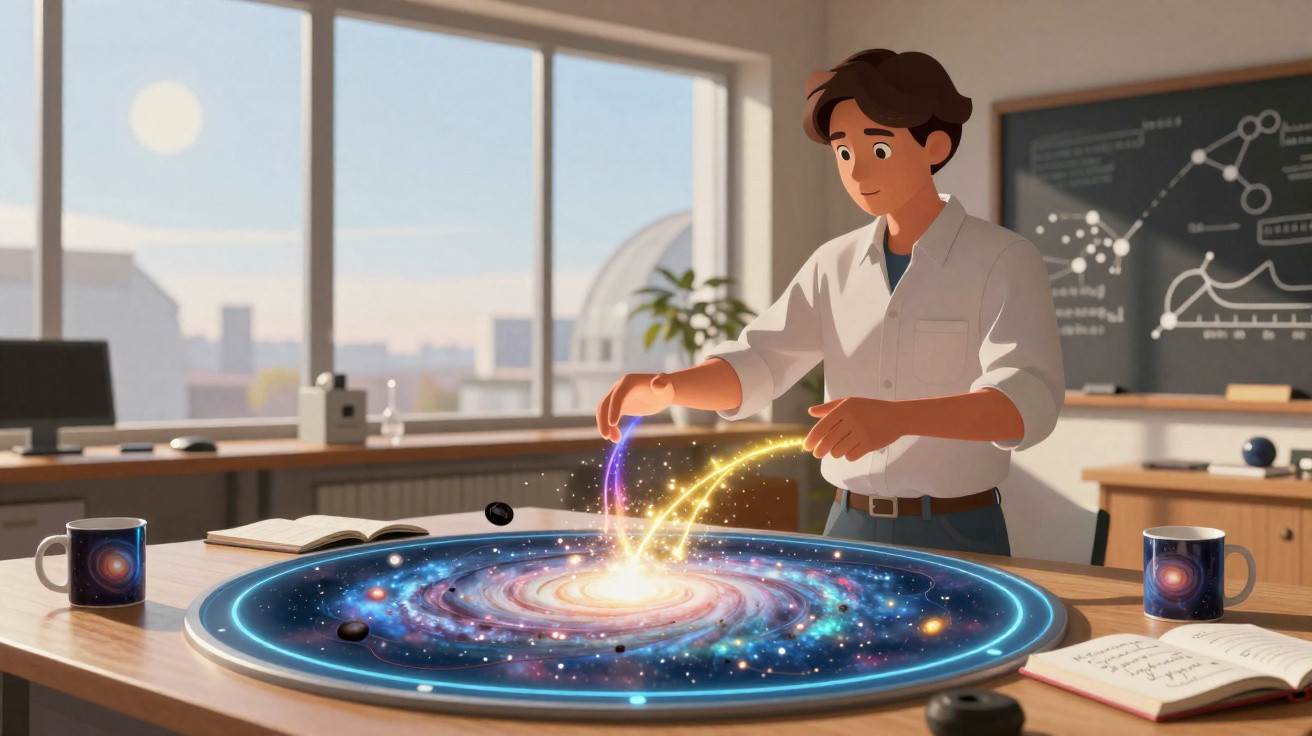 Jovem em laboratório manipula modelo holográfico de galáxia com luzes coloridas numa mesa de estudo.