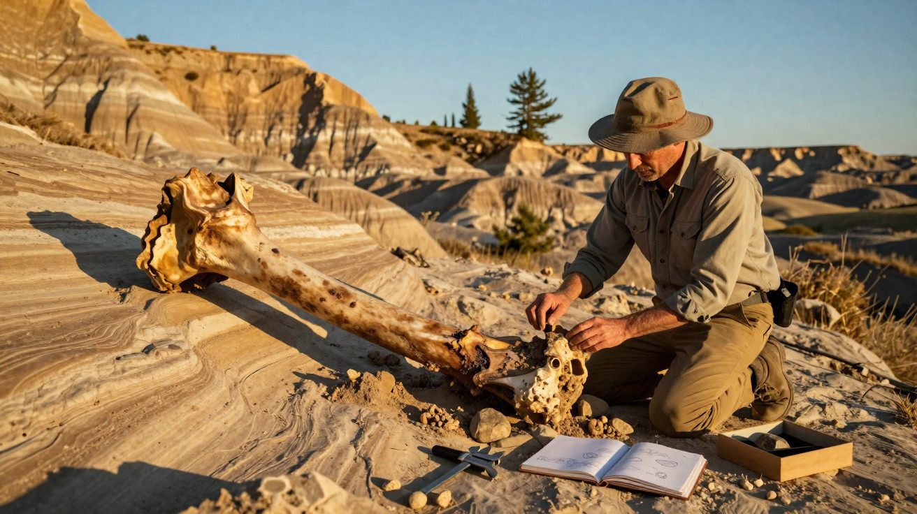 Homem com chapéu examina grande osso fossilizado num terreno rochoso árido, com caderno e ferramentas ao lado.