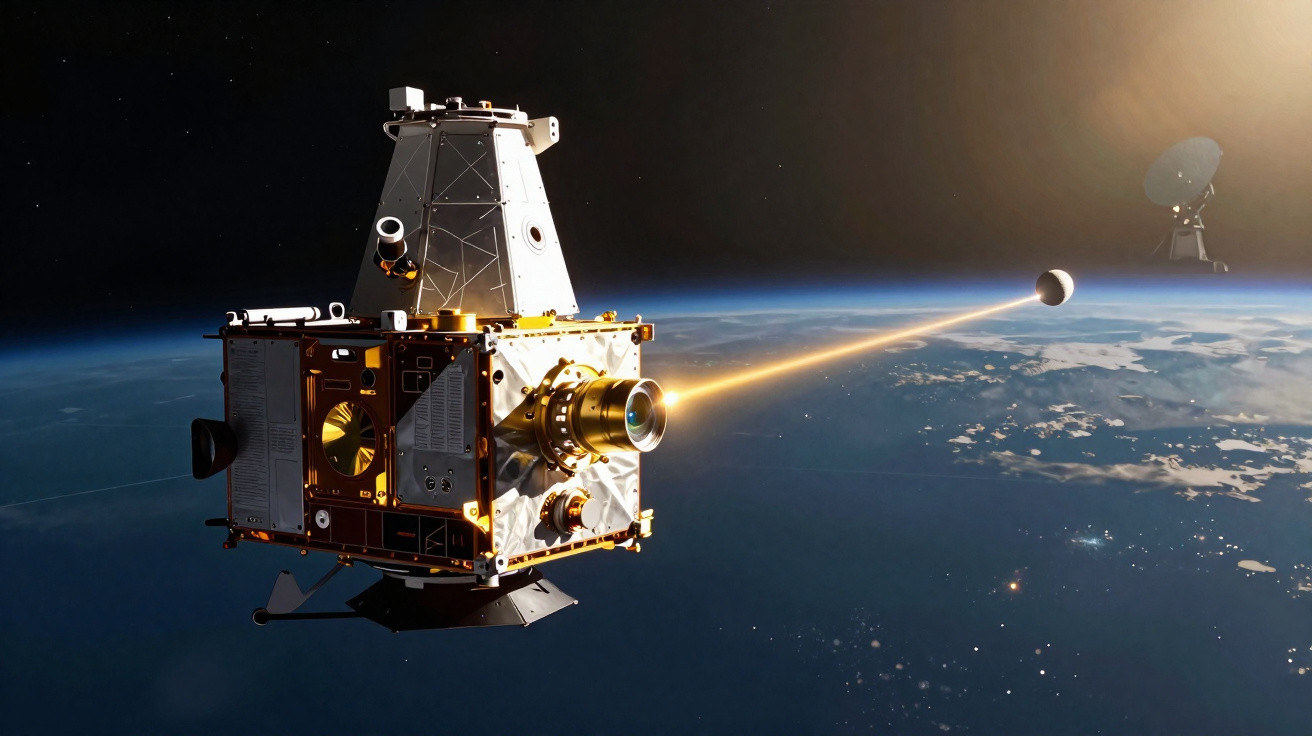 Satélite em órbita terrestre a emitir um feixe de luz numa direção para outro satélite distante.