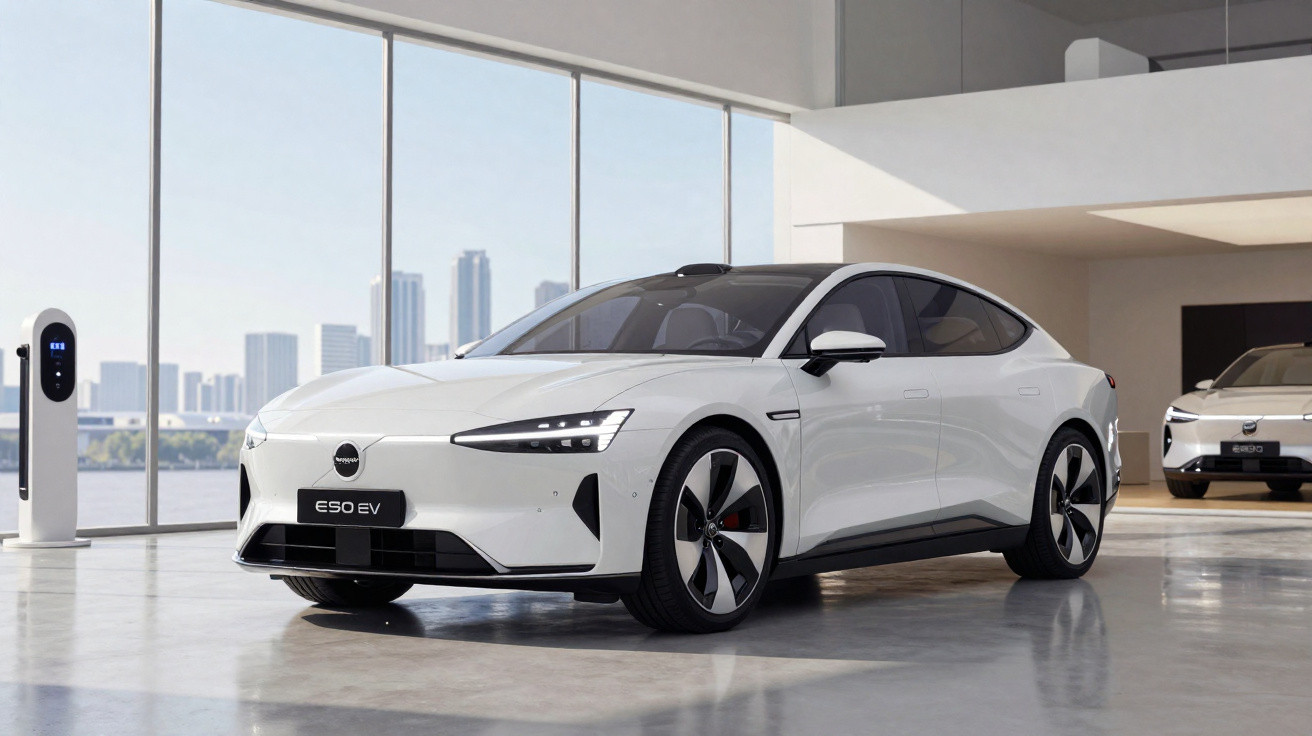 Carro elétrico branco modelo 5SO EV estacionado em interior moderno com vidro grande e vista urbana.