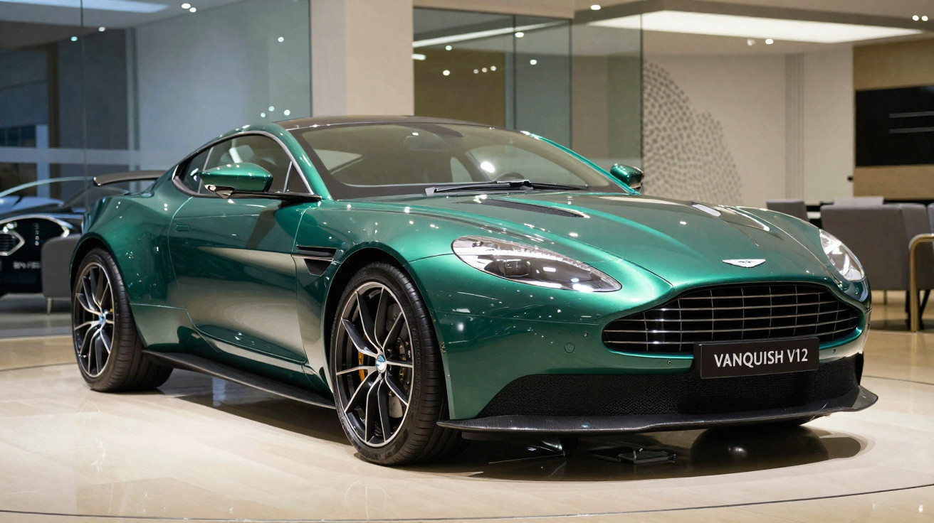 Automóvel desportivo Aston Martin Vanquish V12 verde com linhas aerodinâmicas em showroom moderno.