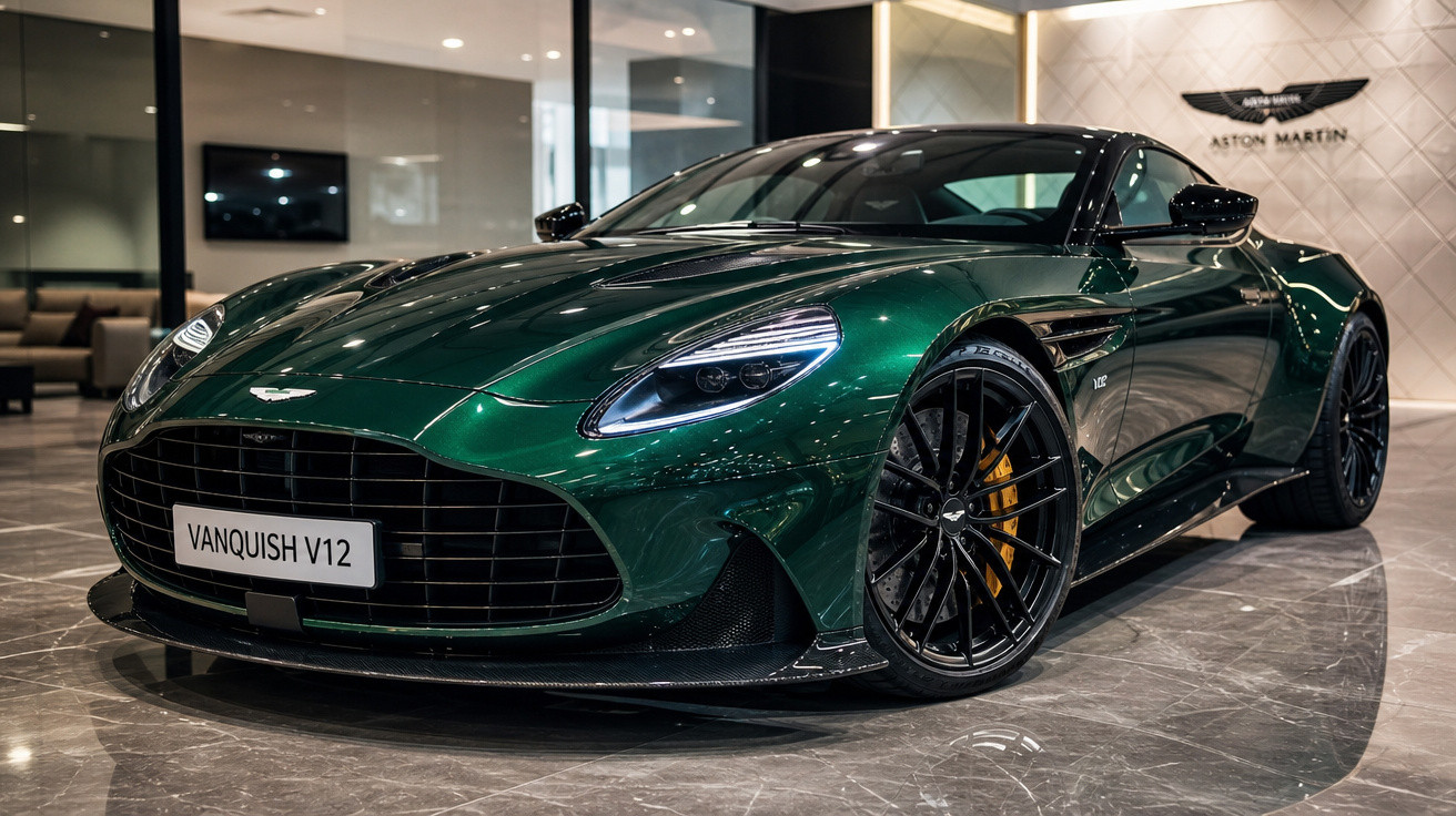 Desportivo Aston Martin Vanquish V12 verde escuro exibido numa sala de exposição moderna e luminosa.