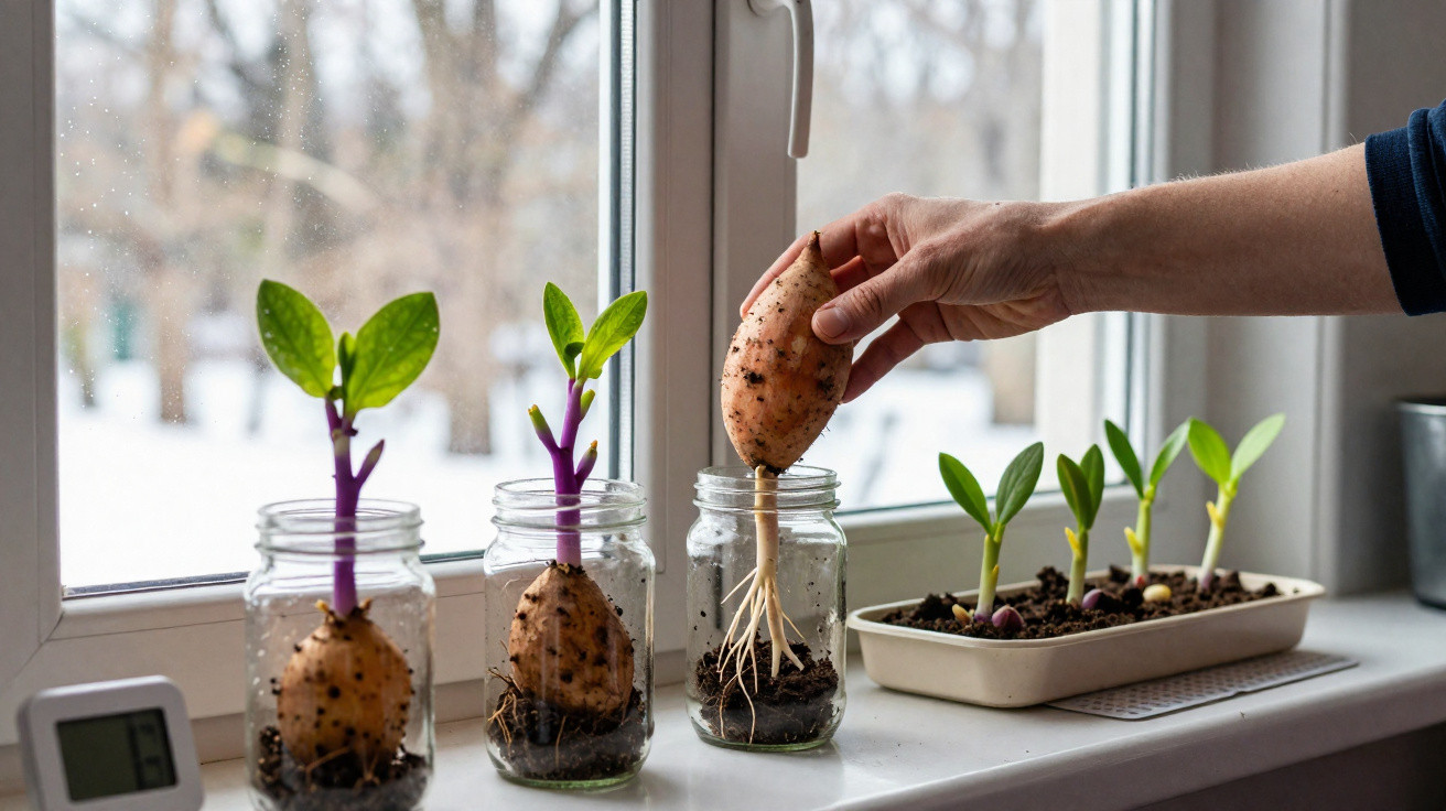 Mãos colocam batata-doce em frasco com terra ao lado de outras batatas e plantas a crescer numa janela.