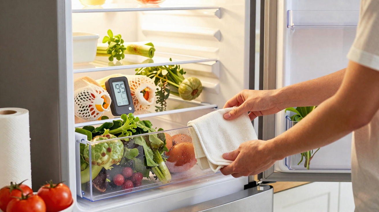Mãos a limpar com pano interior de frigorífico aberto com legumes frescos e termómetro digital na gaveta.