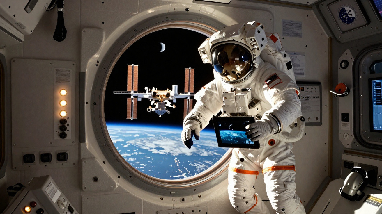 Astronauta em fato espacial dentro de cápsula, com vista da Terra e estação espacial pela janela circular.