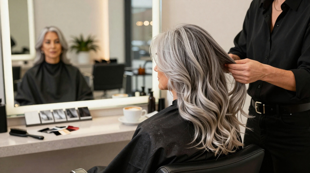 Mulher com cabelo grisalho longo a receber penteado num salão de cabeleireiro, refletida no espelho.