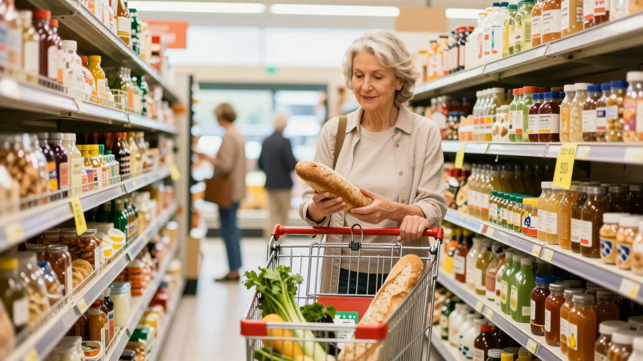 Mulher idosa a segurar pão e a fazer compras num supermercado, com carrinho cheio de legumes e baguetes.