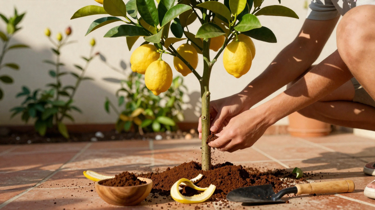 Pessoa a cuidar de uma muda de limoeiro com terra e utensílios de jardinagem num chão de tijoleira.
