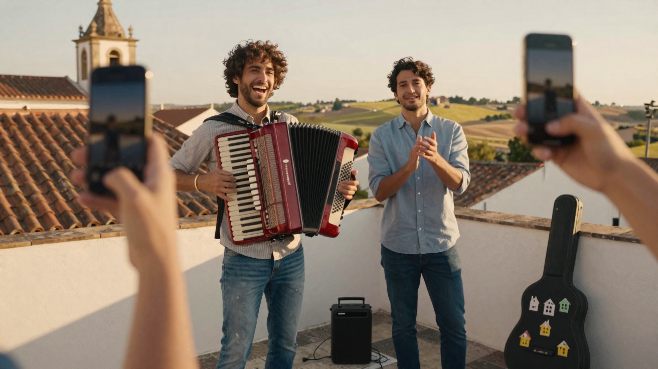 Dois homens num terraço durante o pôr do sol, um a tocar acordeão, o outro a aplaudir, enquanto são filmados com telemóveis.