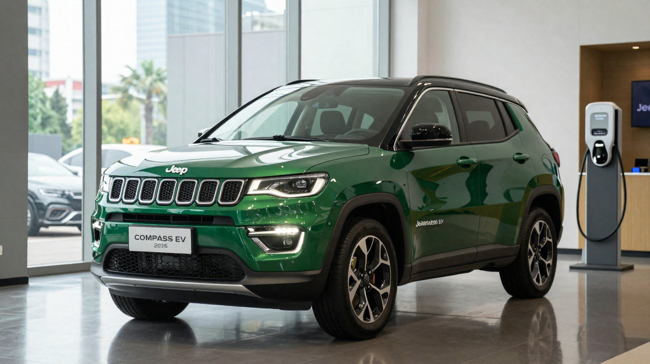 Jeep Compass EV verde estacionado em showroom moderno, junto a posto de carregamento elétrico.