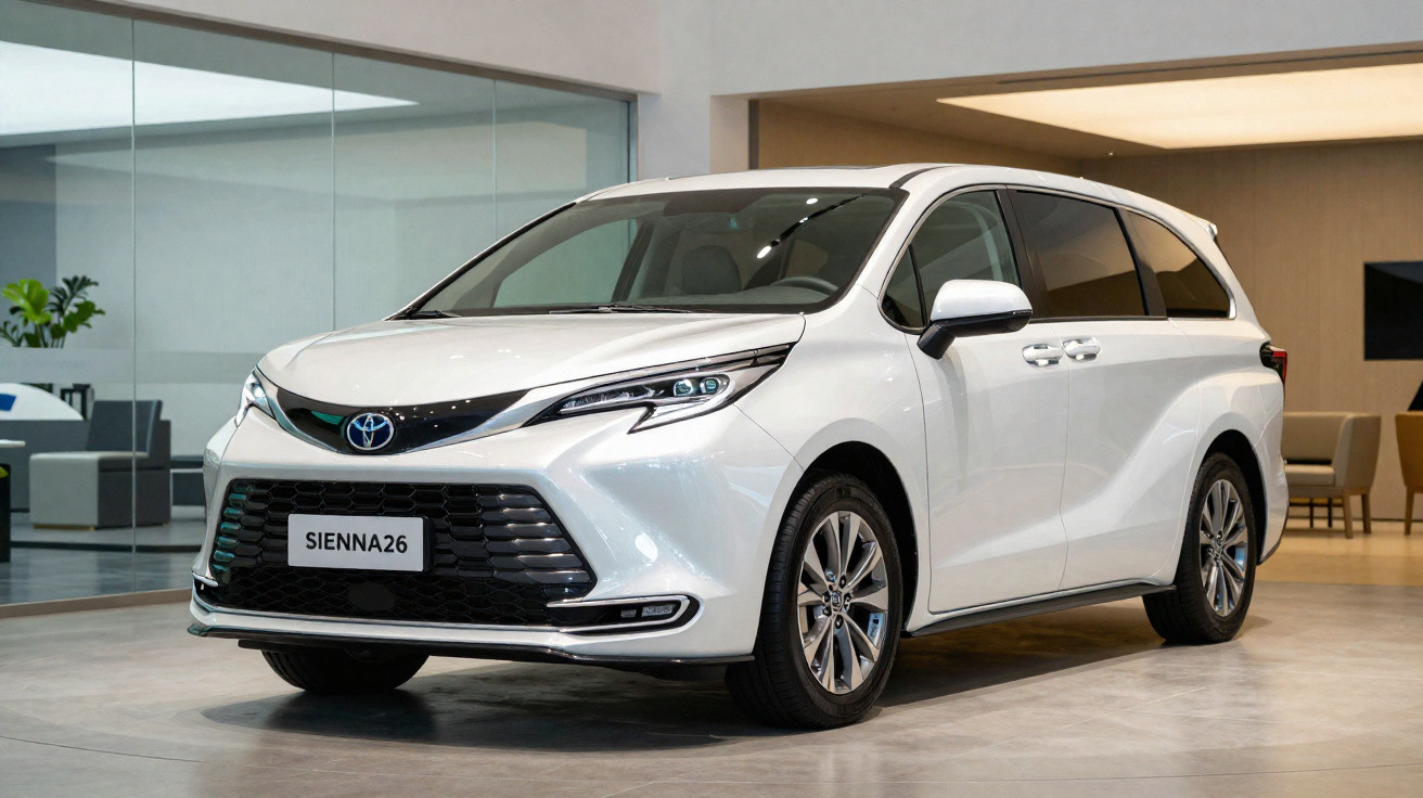 Carro Toyota Sienna branco estacionado em interior moderno com janelas de vidro e decoração minimalista.