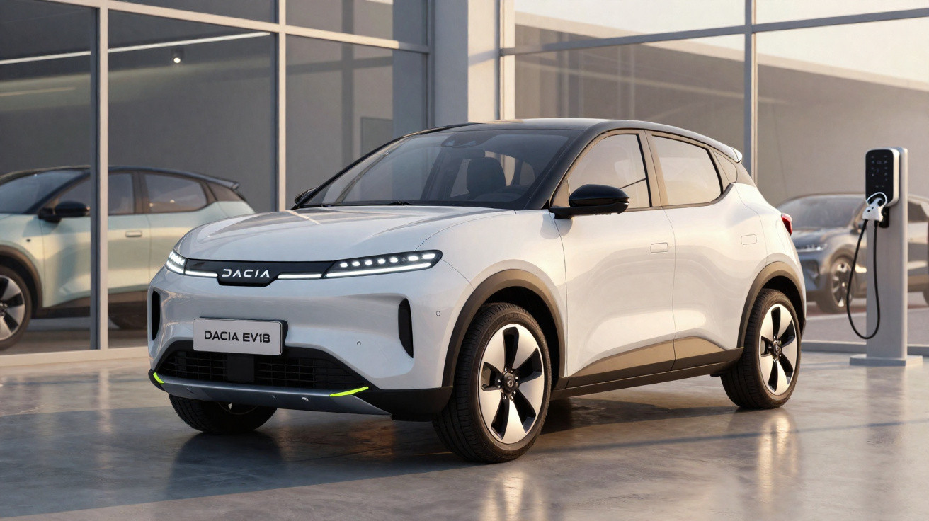 Carro elétrico branco Dacia EV18 estacionado junto a posto de carregamento elétrico junto a vidro grande.