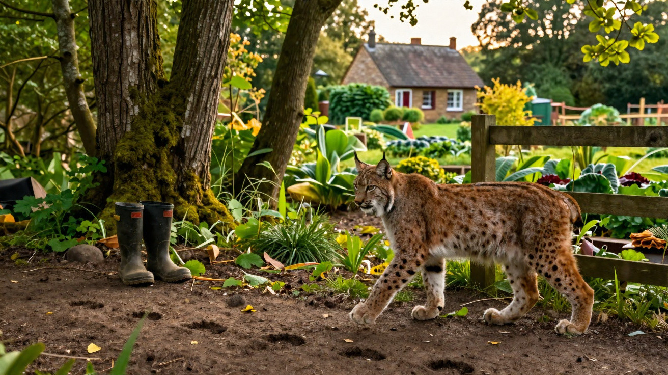 Lince-pardo a andar num jardim de casa rural com árvores, botas de borracha e casa ao fundo.