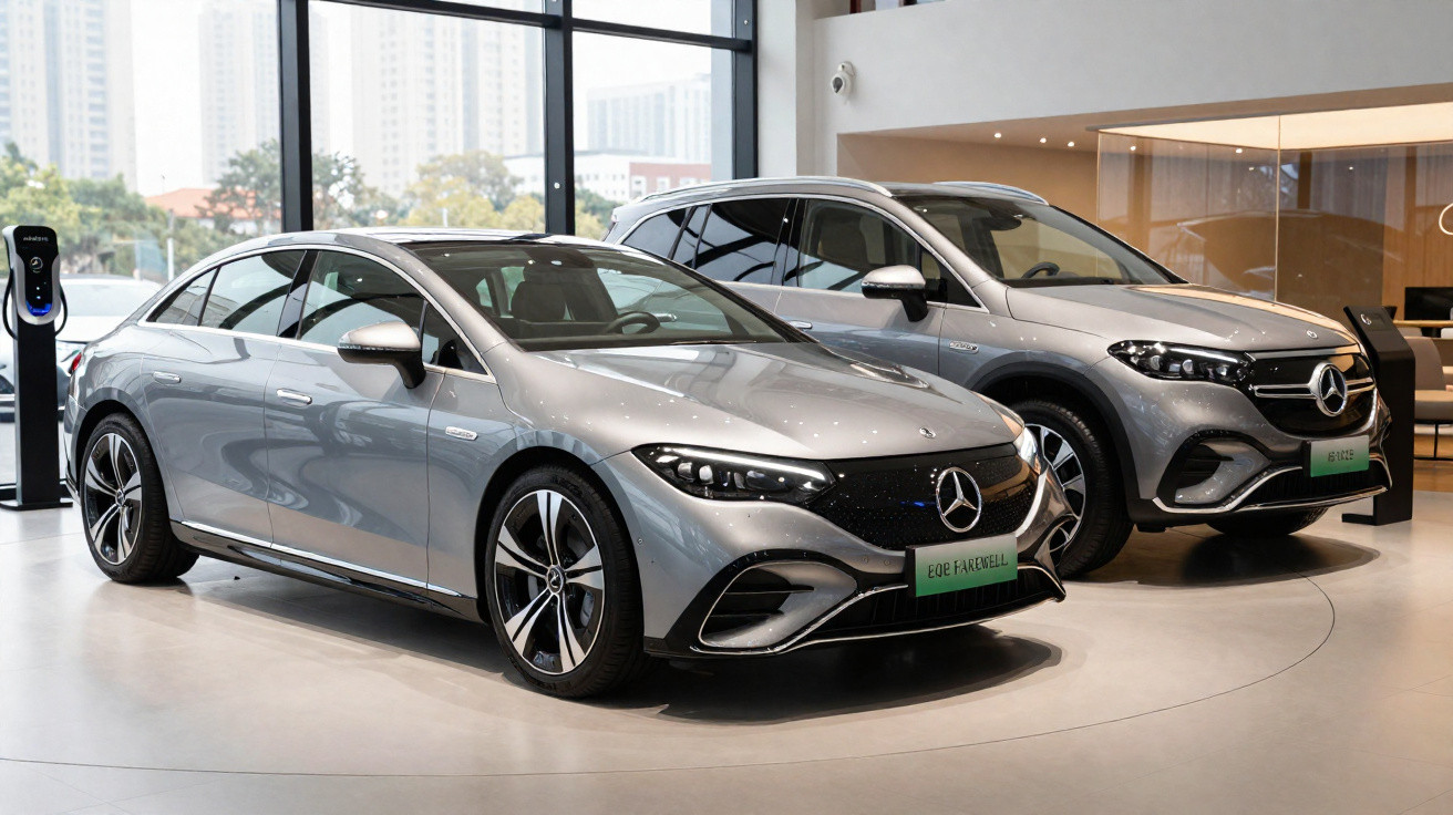 Dois carros Mercedes-Benz elétricos cinzentos expostos em showroom moderno com grande janela de vidro.