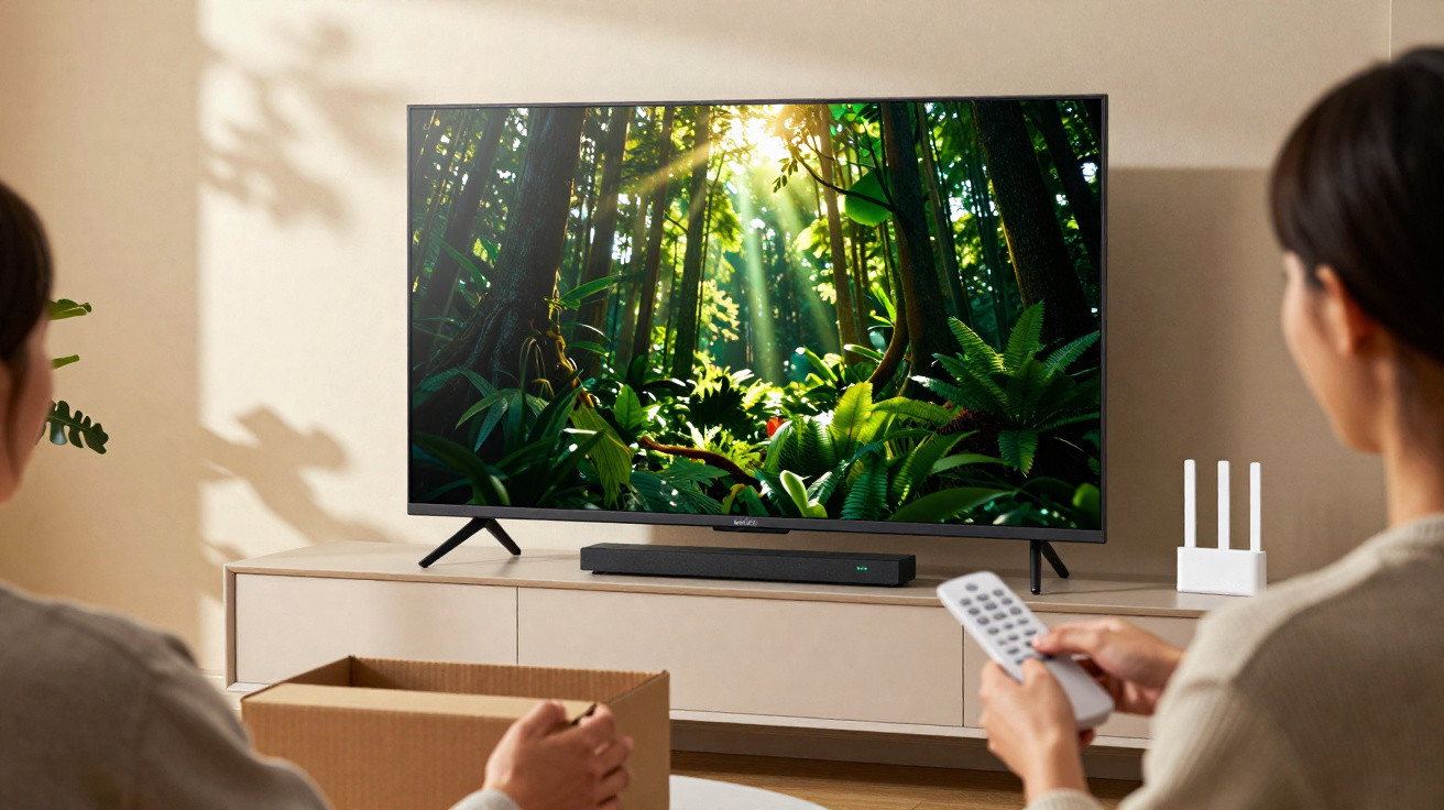 Duas pessoas sentadas a assistir televisão que mostra uma floresta iluminada pelo sol, numa sala moderna.
