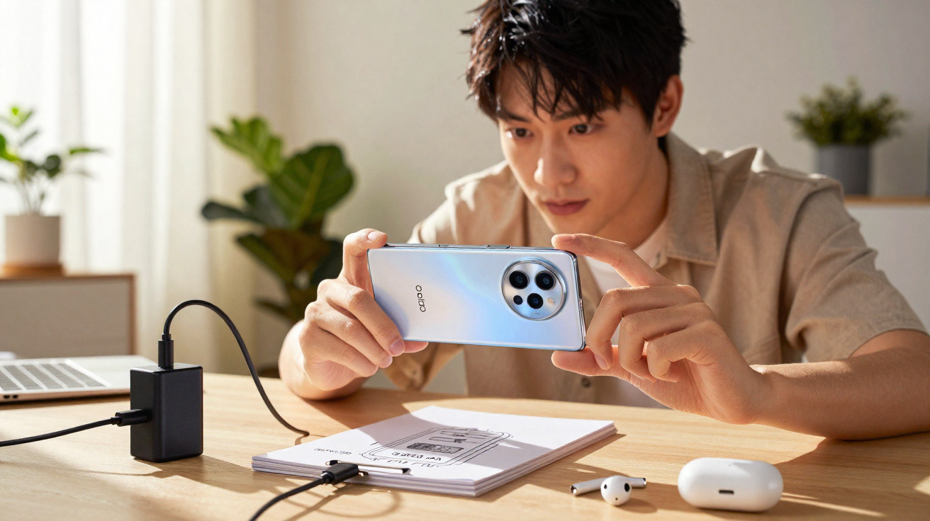 Homem a usar smartphone OPPO para tirar fotografia de documento numa mesa com gadgets.