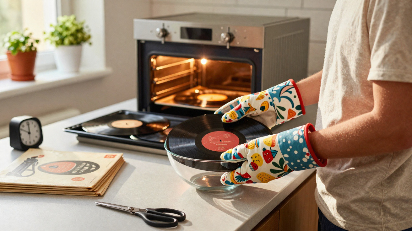 Pessoa a segurar disco de vinil com luvas de forno, próximo a forno e discos empilhados numa cozinha.