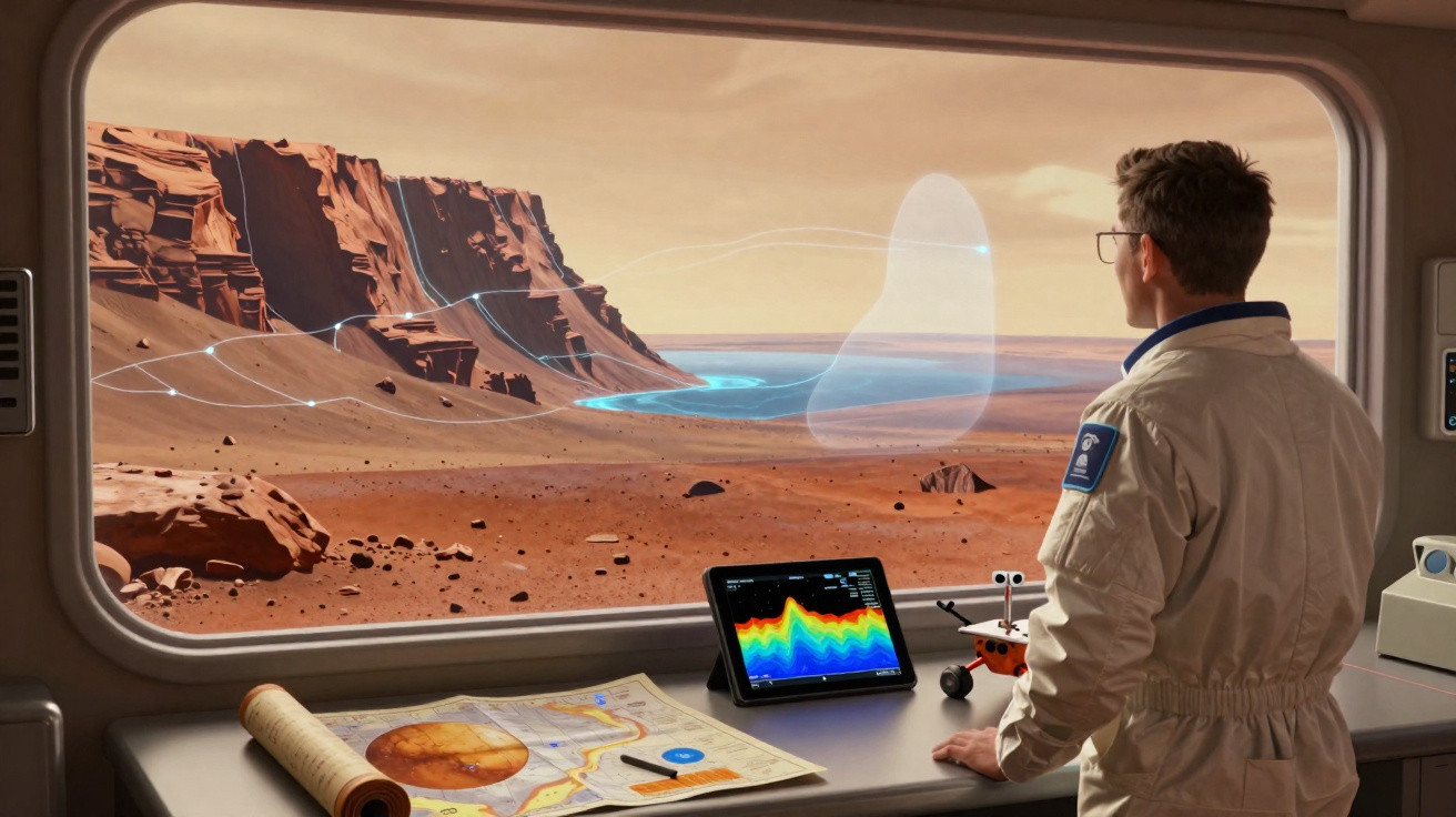 Astronauta observa paisagem marciana com holograma, tablet e mapa numa base futurista.