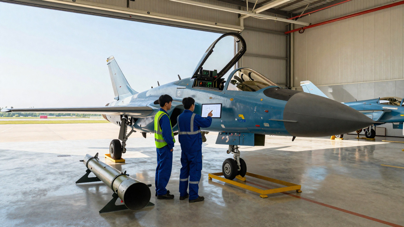 Dois técnicos em macacão verificam dados num ecrã junto a um caça militar azul numa hangar.