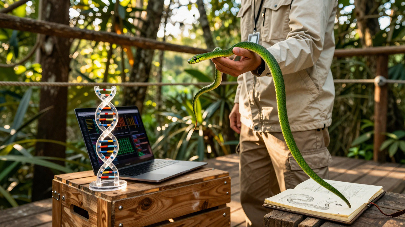 Cientista segura serpente verde ao ar livre com laptop e modelo de DNA em suporte de madeira.