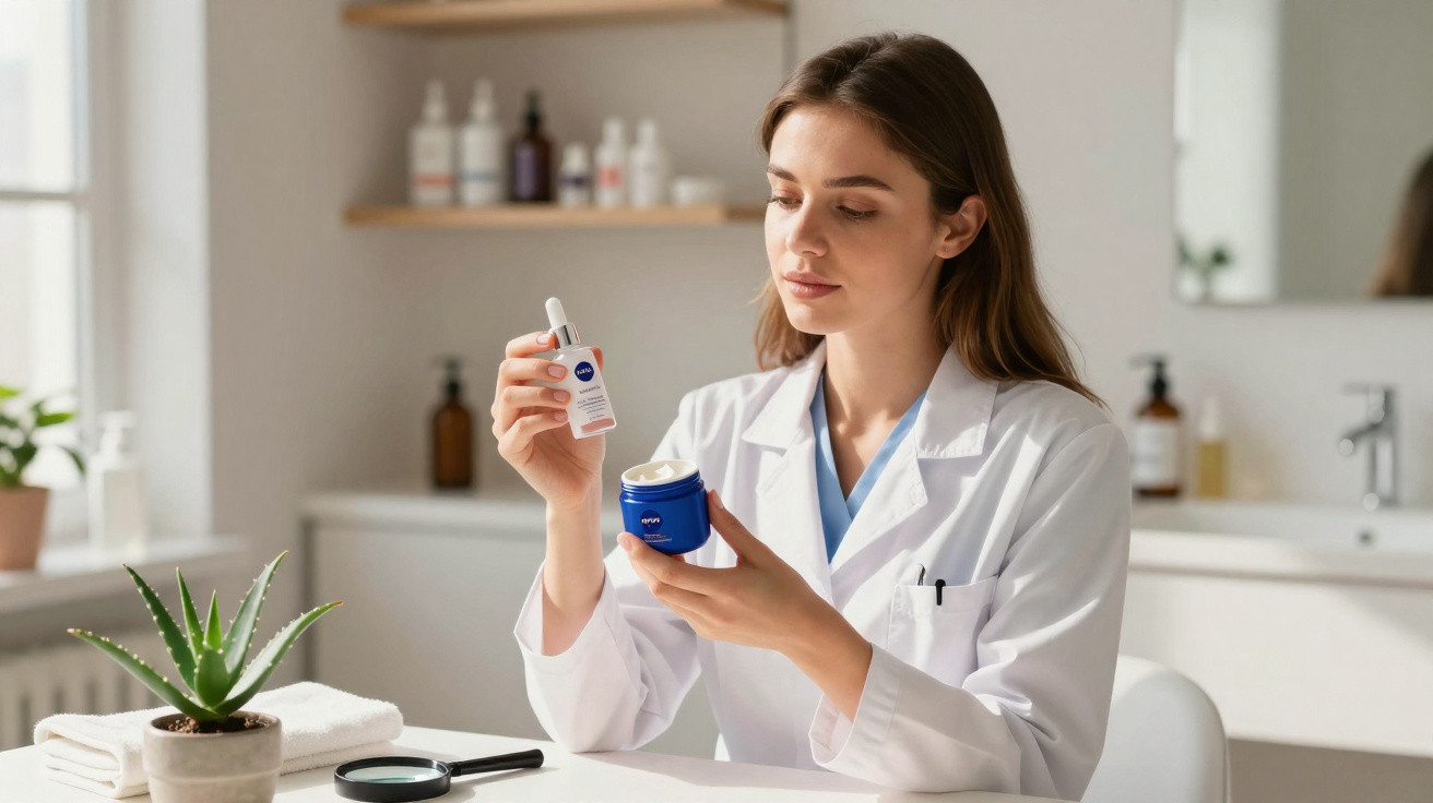 Mulher com bata branca analisa frasco de cosmético num ambiente luminoso e organizado.