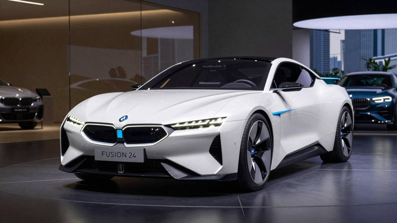 Carro desportivo branco BMW Fusion 24 mostrado numa exposição moderna com luz ambiente interior.