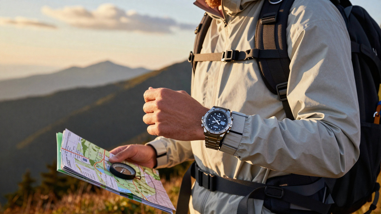 Pessoa com mochila e relógio a segurar mapa e bússola numa paisagem montanhosa ao entardecer.