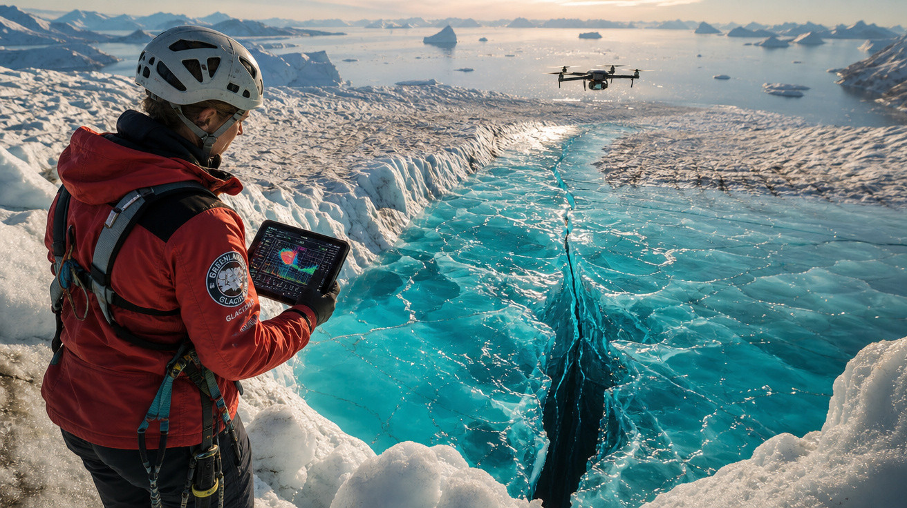 Pessoa com colete vermelho e capacete controla drone sobre fenda em geleira azul na paisagem nevada.