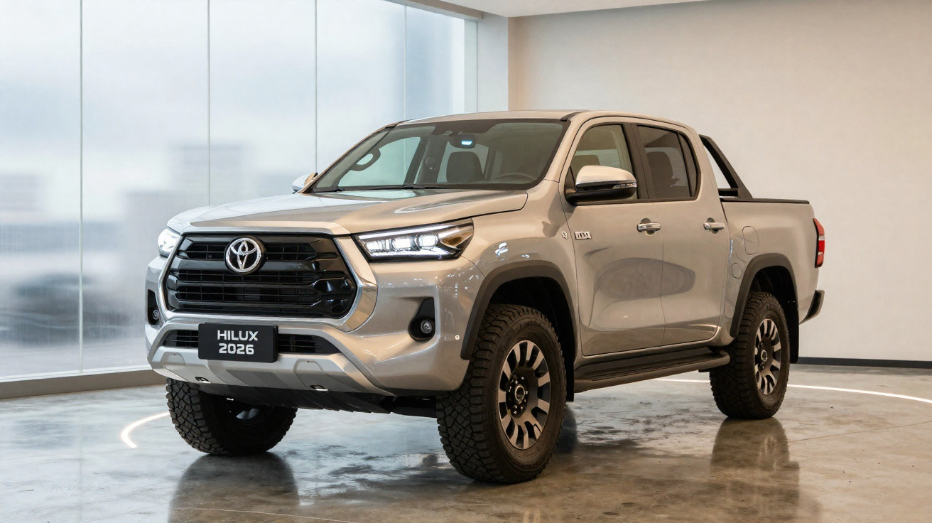 Pick-up Toyota Hilux 2026 cinzenta estacionada num espaço interior iluminado.