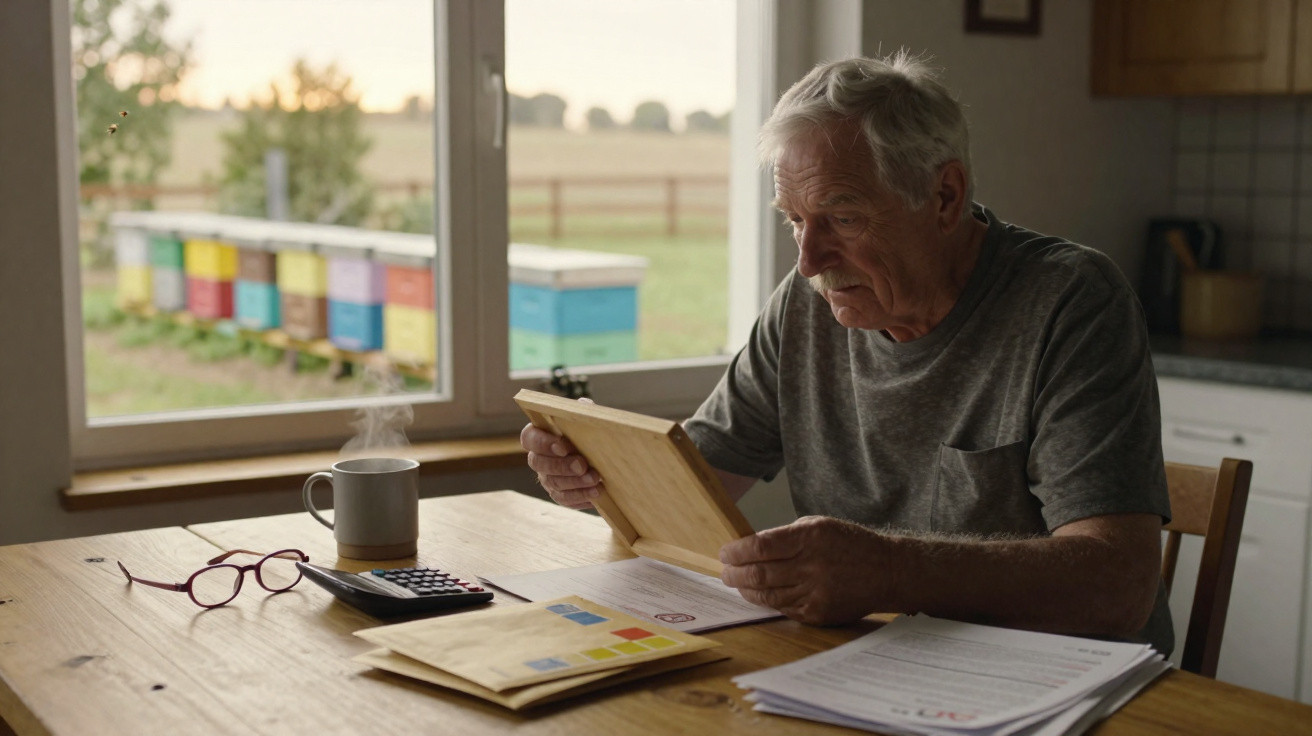 Idoso sentado à mesa, a analisar documentos num ambiente com janela e colmeias ao fundo.