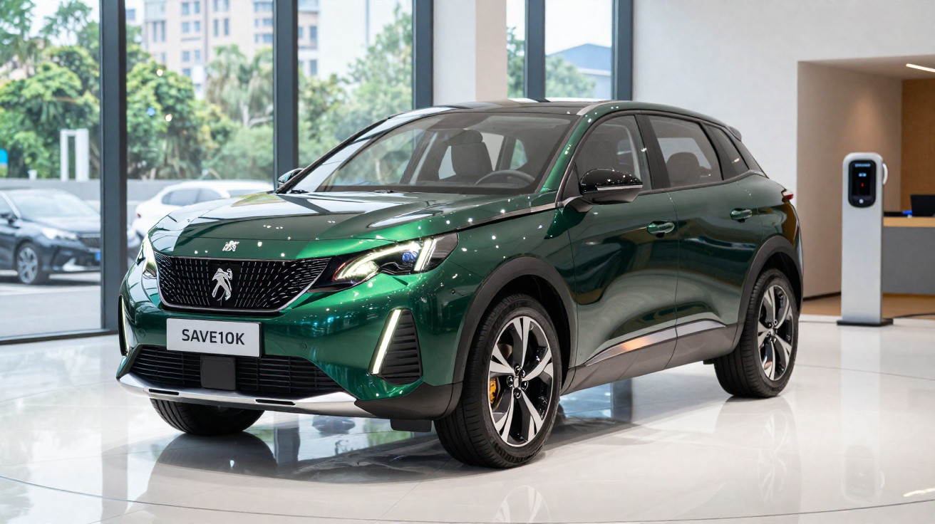 Automóvel Peugeot verde metálico em exposição numa sala de showroom moderna com grandes janelas.