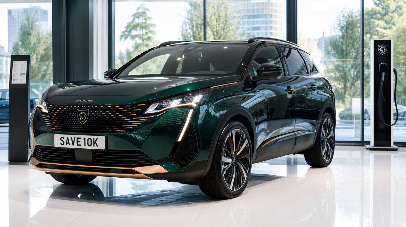 Peugeot 3008 verde escuro em showroom com ponto de carregamento elétrico, janelas grandes e edifícios ao fundo.