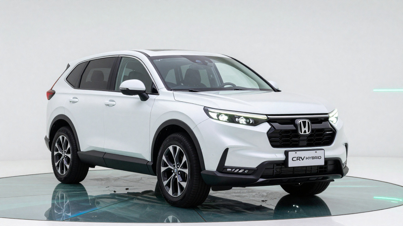 Honda CR-V híbrido branco visto de frente num estúdio com fundo branco.