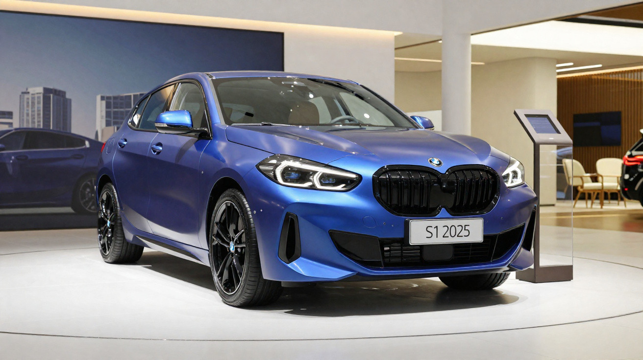Carro BMW azul modelo S1 2025 exposto em sala de exposição moderna com luz ambiente suave.