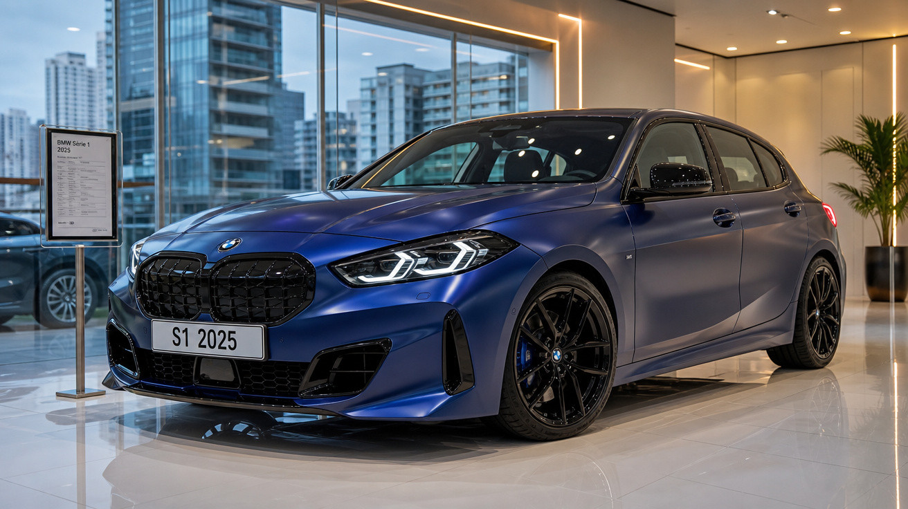 BMW Série 1 azul 2025 exposto numa sala de vendas moderna com janelas amplas e iluminação interior.