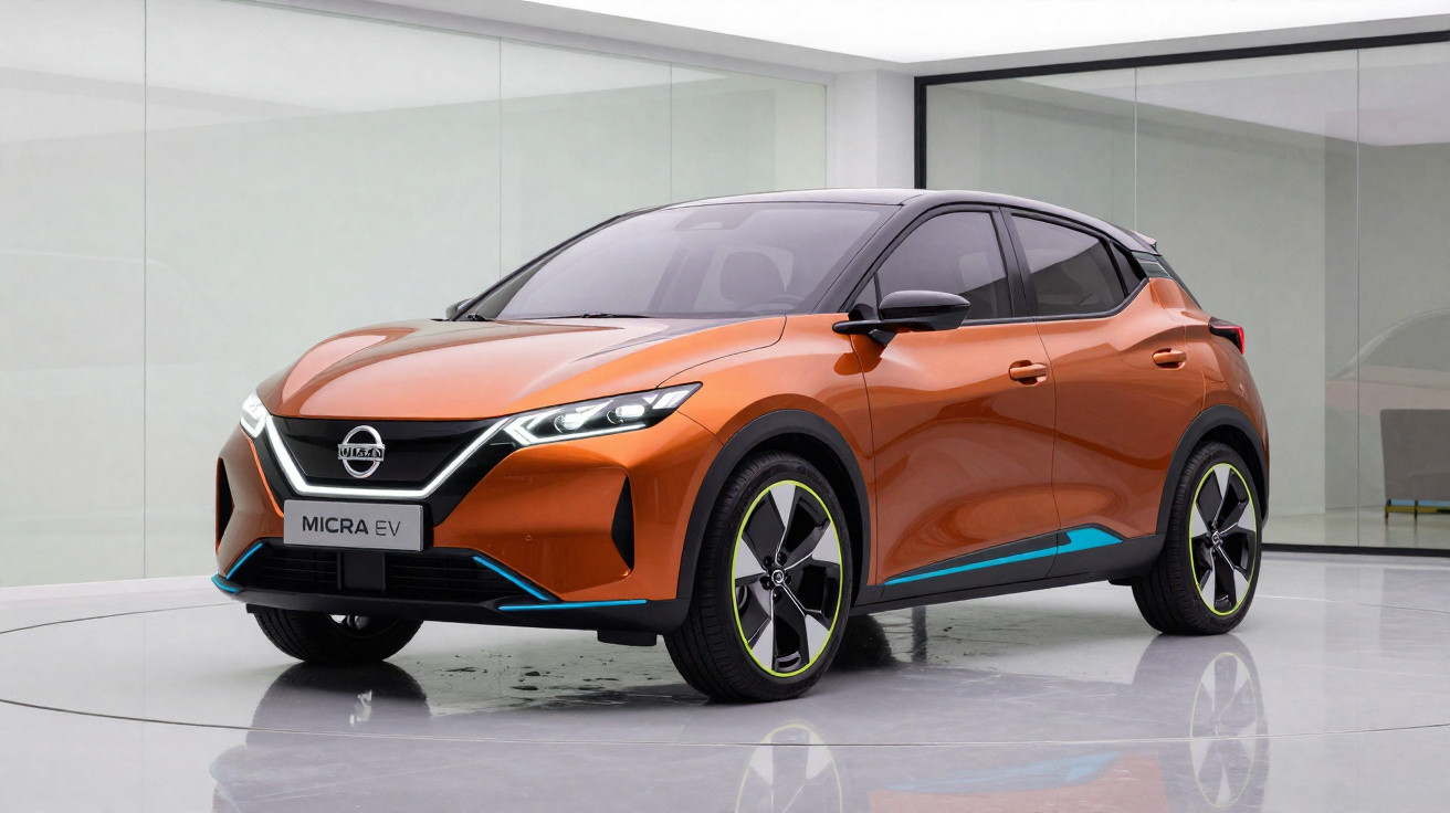 Carro elétrico Nissan Micra EV laranja com detalhes azuis, apresentado em sala moderna com paredes de vidro.