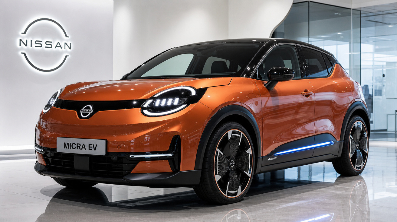 Carro elétrico Nissan Micra EV laranja com teto preto exibido em showroom moderno e iluminado.