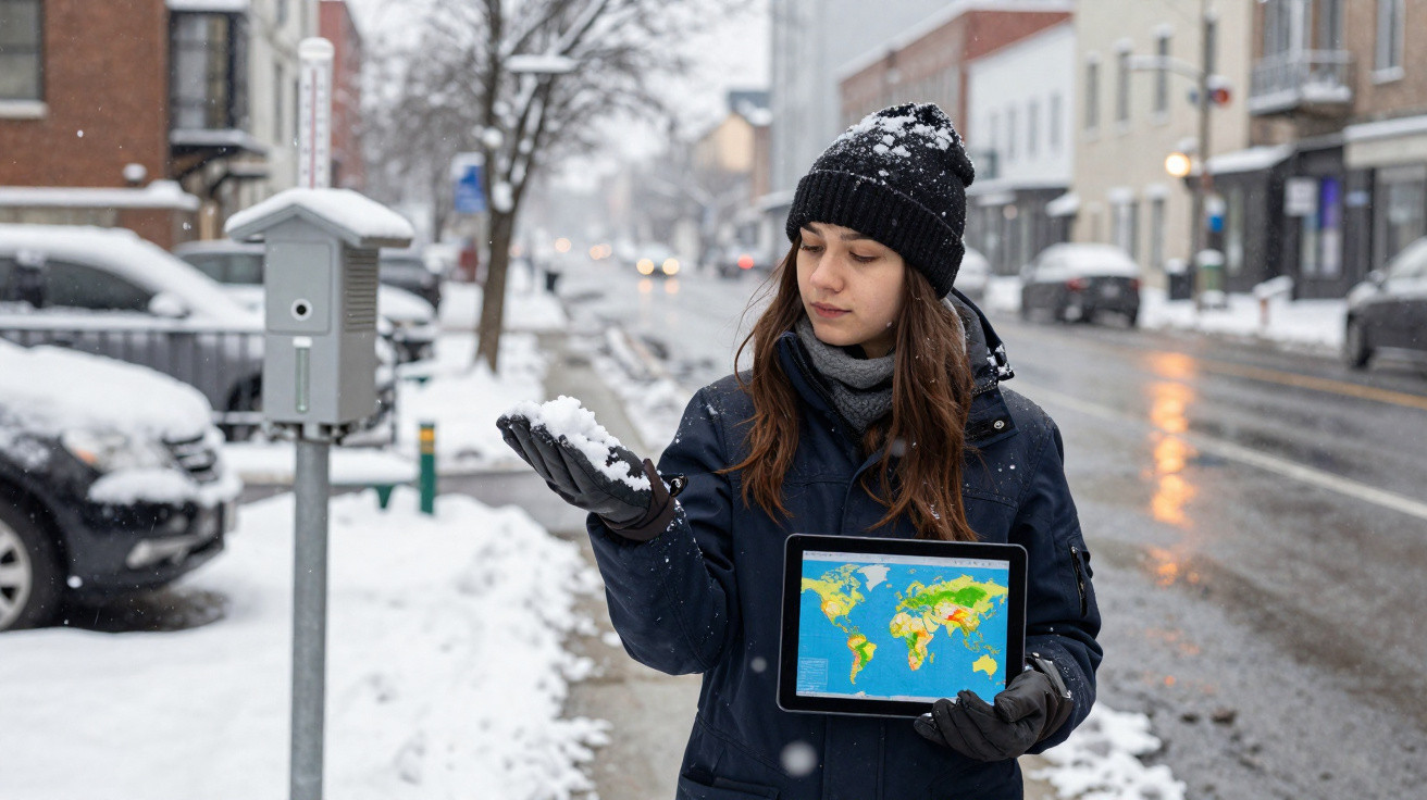 Mulher de roupas de inverno segura neve na mão e tablet com mapa-múndi numa rua coberta de neve.