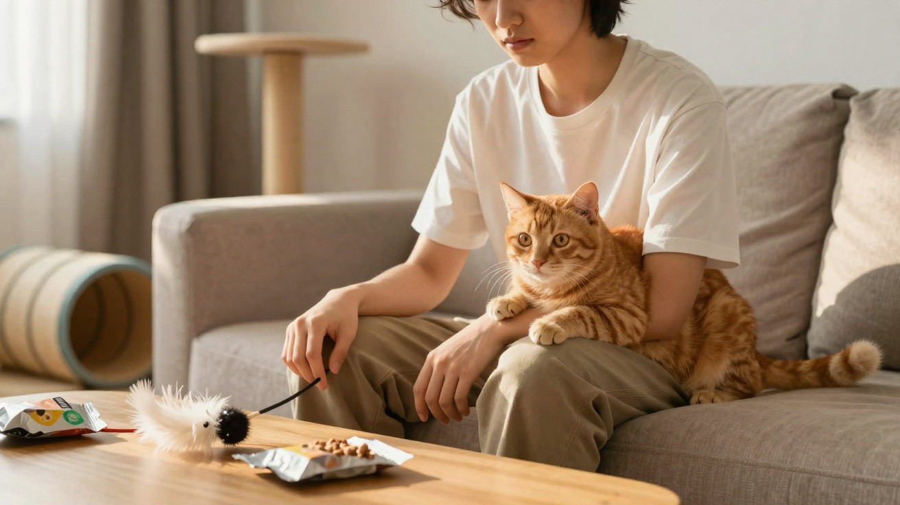Pessoa sentada no sofá a brincar com um gato cor de laranja usando um brinquedo de penas.