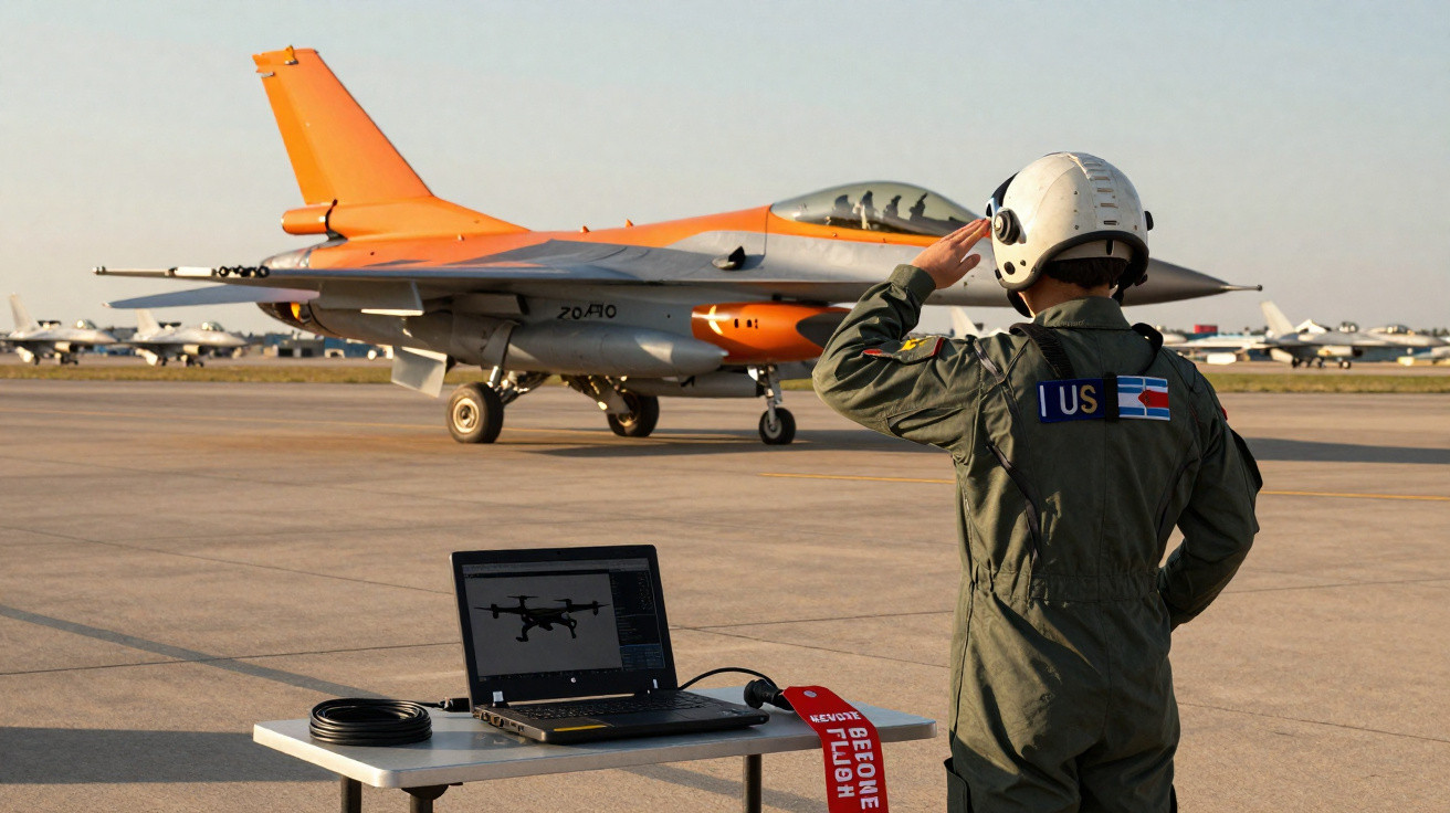 Piloto militar a cumprimentar caça F-16 laranja numa pista com computador e placa "Remove Before Flight".